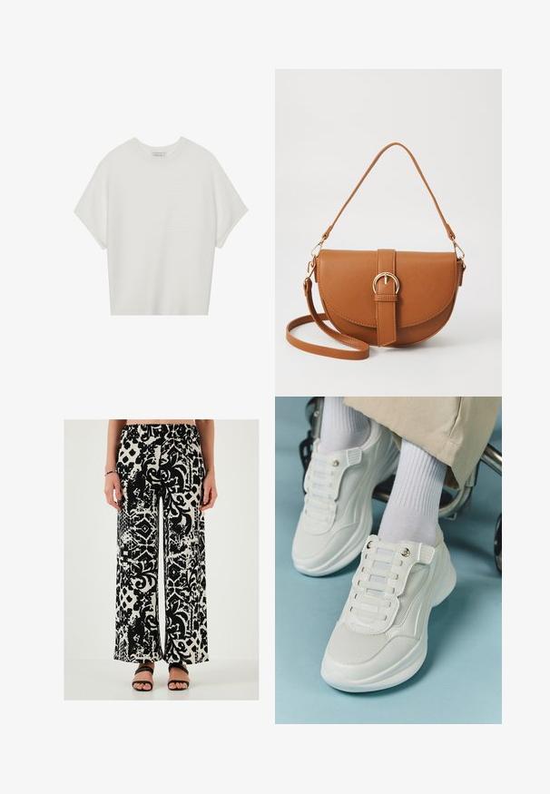 Balta īsā piedurknē T-krekls ar plašu apļa kaklu un teksturētu ribu rakstu, izgatavots no mīksta auduma, ar brīvu piegriezumu un tīru dizainu.; Melnbaltas rakstotas platas kājas bikses ar elastīgu jostu un teksturētu audumu, kurās ir abstrakti motīvi un dzīvnieku printi.; Baltie sporta apavi ar sietu materiālu, gumijas zoli, bez šņoru dizainu ar elastīgām beigām un zeltainiem akcentiem.; Brūns ādas plecu soma ar izliekta formu, zelta piederumiem un sprādzes akcentu. Iesaiņota ar noņemamu plecu siksnu.