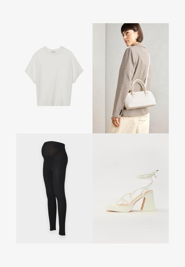 Camiseta branca de mangas curtas com um decote careca largo e um padrão texturizado canelado, feita de tecido suave, com um corte relaxado e um design limpo.; Leggings de maternidade pretos com uma textura suave, cintura alta e um tecido elástico projetado para acomodar uma barriguinha em crescimento.; Sandálias brancas de salto alto com um salto robusto, apresentando um design com tiras e amarração no tornozelo. Textura suave com uma plataforma na frente para altura adicional.; Bolsa estruturada branca com alças curtas e uma alça de ombro, com detalhes em hardware dourado e material texturizado, exibida contra um fundo cinza.