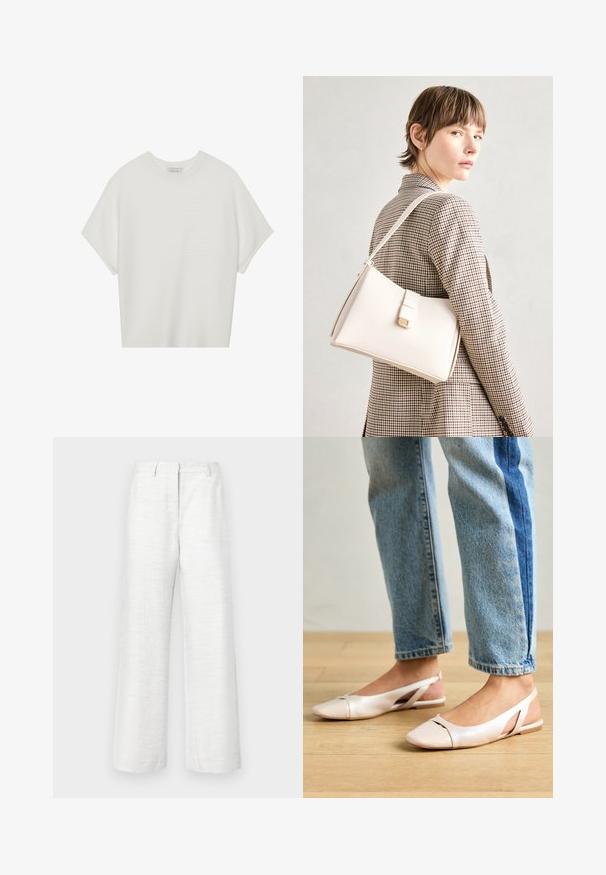Camiseta blanca de manga corta con cuello redondo amplio y patrón acanalado texturizado, hecha de una tela suave, con un corte relajado y un diseño limpio.; Pantalones de pierna ancha en lino blanco ligero con un sutil acabado texturizado, que presentan un pliegue frontal y una cintura estándar.; Bailarinas de color rosa pálido con tiras traseras y punta puntiaguda, fabricadas con un material similar al cuero suave. Presentan detalles recortados en los laterales y un tacón plano.; Bolso de mano de cuero blanco con un diseño estructurado, que presenta un cierre magnético y una correa para el hombro, exhibido sobre un fondo neutro.