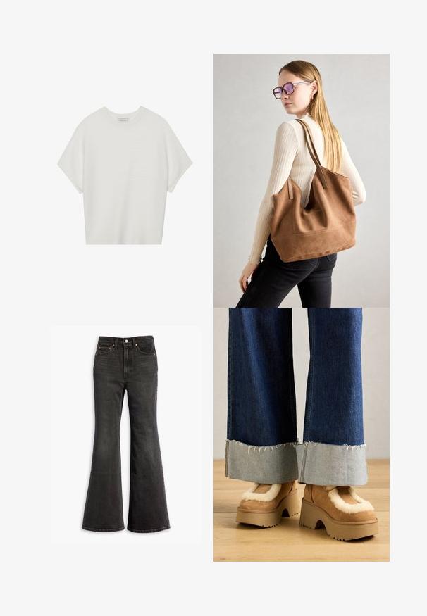 Balta īsā piedurknē T-krekls ar plašu apļa kaklu un teksturētu ribu rakstu, izgatavots no mīksta auduma, ar brīvu piegriezumu un tīru dizainu.; Melni augstās jostas denimu džinsi ar paplašinātu kāju, piecu kabatu dizainu un varšruda akcentiem.; Brūni zamšādas platformas zābaki ar krēmkrāsas pullīšu oderi, kombinēti ar platām džinsa biksēm ar plīvurstām malām un gaišāku džinsa uzgriezumu.; Burgundijas zamšs tote soma ar mīkstu tekstūru, plašu atveri un garām siksnām. Iezīmē vienkāršu dizainu ar redzamām šuvēm un bez aparatūras.