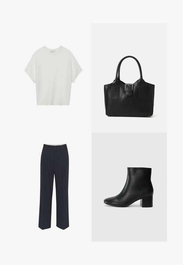Valge lühikeste varrukatega T-särk laia ümaraha kaelusega ja tekstureeritud ribapatterniga, pehmest kangast, lõdva istuvuse ja puhta disainiga.; Tumed sinised püksid valgete vertikaalsete triipudega, lai jalas disain, sile kangas, vööloopide ja ees oleva voldiga, et saavutada vormikohane välimus.; Mustad nahast pahkluu saapad terava varbaga ja jämeda kandaga. Sile tekstuur minimaalse aktsentidega ja stiilne, lihvitud disain.; Mustgamma nahast kott, millel on sile tekstuur, struktureeritud kuju, kaks käepidet ja esiküljel silmapaistev hõbedane pandla detail.