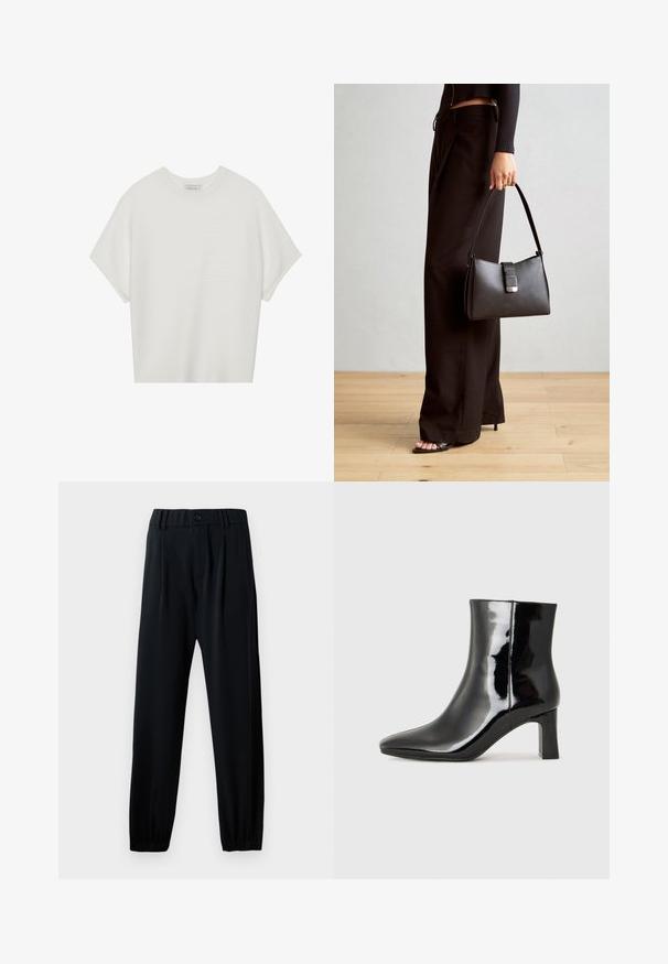 Balta īsā piedurknē T-krekls ar plašu apļa kaklu un teksturētu ribu rakstu, izgatavots no mīksta auduma, ar brīvu piegriezumu un tīru dizainu.; Melnas, elastīgas vidukļa bikses ar pogu aizdari, taisnas kāju formas un savelkamiem auduma galiem. Izgatavotas no gludas, vieglas auduma.; Melnas patentētas ādas potīšu zābaki ar norādītu pirkstu un vidēja augstuma kvadrātveida papēdi. Gluda tekstūra un minimālisma dizains.; Melnā somiņa ar strukturētu formu, gludu tekstūru un metālu sprādzi. Saskaņota ar platām melnām biksēm un sandālēm ar atvērtu purngalu uz koka grīdas.