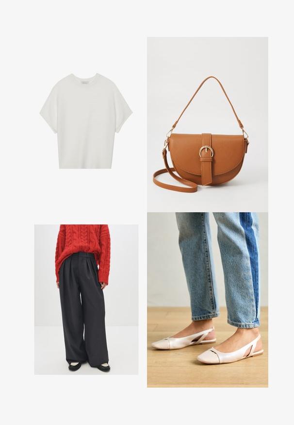 Hvid kortærmet t-shirt med en bred rund hals og struktureret ribbet mønster, lavet af blødt stof, med en afslappet pasform og et enkelt design.; Rød kabelstriktrøje kombineret med høj talje, mørkegrå brede bukser og sorte flade sko med cremefarvede detaljer. Tekstureret strik og frynser synlige.; Lyserøde slingback flade sko med spidse tær, lavet af et glat læderlignende materiale. Har udskæringsdetaljer på siderne og en flad hæl.; Brun læder crossbody taske med en buet form, guldfarvet hardware og en spændeaccent. Har en aftagelig skulderrem.