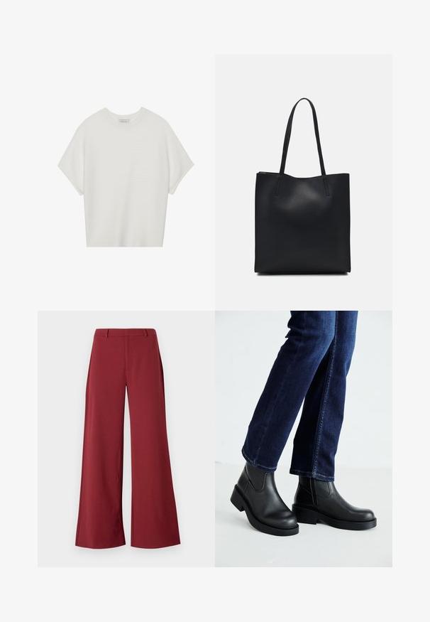 Tricou alb cu mânecă scurtă, cu guler larg și model texturat cu dungi, realizat dintr-un material moale, având o croială lejeră și un design curat.; Pantaloni largi de culoare burgundă închisă. Construiți dintr-un material neted și elastic, cu cusături pe măsură și închidere cu fermoar în față.; Bocanci negri din piele cu tălpi groase și panouri elastice pe laterale, asortați cu blugi de culoare bleumarin. Solul este de culoare deschisă.; Geantă tote neagră din piele, cu textură netedă, formă rectangulară și două mânere lungi. Fără hardware vizibil sau ornamente.