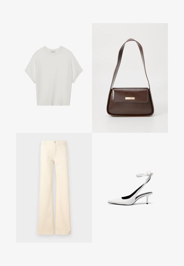 Valge lühikeste varrukatega T-särk laia ümaraha kaelusega ja tekstureeritud ribapatterniga, pehmest kangast, lõdva istuvuse ja puhta disainiga.; Kreemivärvi sirged teksad sileda tekstuuriga, kahte tagakotti ja ees oleva nööbi kinnitusega. Sirge disain ja kõrge vöökoht.; Valged terava ninaga slingback-kandvad kontsad õhukese pahkluustringiga. Sile nahk, õhuke stilettokonts ja must sisekate.; Pruun nahast õlalina, millel on struktureeritud kuju, magnetist klapiga sulgemine ja esiküljel metallne logo aksessuaar.