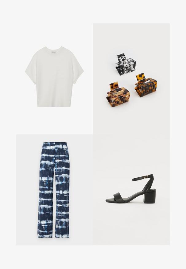 Camiseta branca de mangas curtas com um decote careca largo e um padrão texturizado canelado, feita de tecido suave, com um corte relaxado e um design limpo.; Calças largas em azul marinho com padrão de tie-dye em branco e turquesa. Feitas de um tecido leve, com uma textura suave e um corte relaxado.; Sandal de salto alto preto com um cabedal em couro liso, biqueira aberta, tiras frontais largas e tirante no tornozelo ajustável com detalhe em fivela dourada.; Três ganchos de cabelo: um em mármore preto e branco, dois em padrão tartaruga nas tonalidades castanha e preta, todos feitos de plástico brilhante com um acabamento texturizado.