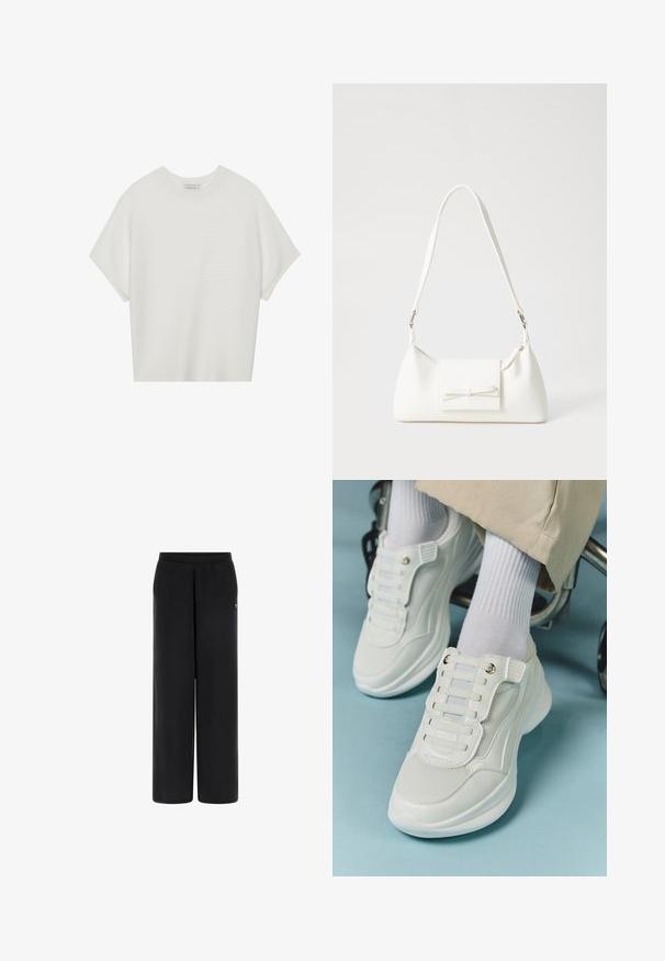 T-shirt bianca a maniche corte con scollo rotondo ampio e texture a coste, realizzata in tessuto morbido, caratterizzata da una vestibilità rilassata e un design pulito.; Pantaloni neri a gamba larga realizzati in tessuto morbido con vita elastica. Presentano un piccolo logo sul lato sinistro. Texture liscia e forma sartoriale.; Sneaker bianchi realizzati in materiale a rete, suola in gomma, design senza lacci con bande elastiche e dettagli in tonalità oro.; Borsa sintetica bianca a forma triangolare, con patta anteriore piatta e dettaglio a fiocco, tracolla regolabile, texture liscia e design minimalista.