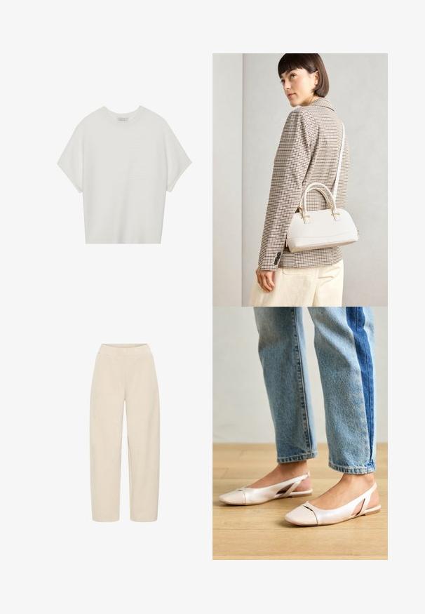 Weißes T-Shirt mit kurzen Ärmeln, weitem Rundhalsausschnitt und strukturiertem Rippenmuster, aus weichem Stoff, mit legerer Passform und einem klaren Design.; Beige weit geschnittene Hosen mit elastischem Bund. Hergestellt aus weichem, strukturiertem Stoff, mit glatter Oberfläche und ohne zusätzliche Muster.; Blassrosa Slingback-Ballerinas mit spitzem Punkt, aus einem glatten, lederähnlichen Material. Mit Ausschnitten an den Seiten und einem flachen Absatz.; Weiße strukturierte Handtasche mit kurzen Griffen und einem Schultergurt, ausgestattet mit goldfarbenen Hardware-Elementen und strukturiertem Material, vor einem grauen Hintergrund präsentiert.