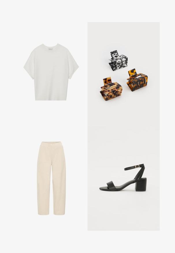 Hvid kortærmet t-shirt med en bred rund hals og struktureret ribbet mønster, lavet af blødt stof, med en afslappet pasform og et enkelt design.; Beige vide bukser med elastisk talje. Lavet af blødt, struktureret stof, med en glat overflade og uden yderligere mønstre.; Sort hæl sandal med en glat læderoverdel, åben tå, brede frontstropper og justerbar ankelrem med detaljer i guldfarve.; Tre hårnåle: en sort og hvid marmorering, to skildpadde i brune og sorte nuancer, alle lavet af blank plast med en struktureret finish.