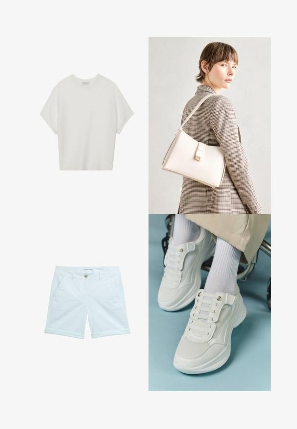 Hvid kortærmet t-shirt med en bred rund hals og struktureret ribbet mønster, lavet af blødt stof, med en afslappet pasform og et enkelt design.; Lyseblå chino-shorts med omslagssøm, der har to sidelommer og en frontknaplukning. Fremstillet af åndbart materiale.; Hvide sneakers med mesh-materiale, gummisål, snørebåndsfri design med elastiske bånd og guldtonede accenter.; Hvid læder håndtaske med en struktureret design, der har en magnetlukning og en skulderrem, præsenteret mod en neutral baggrund.