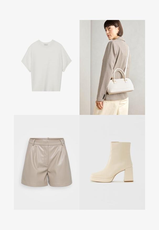 Hvit t-skjorte med korte ermer, bred rund hals og teksturert ribbet mønster, laget av myk stoff, med en avslappet passform og et enkelt design.; Beige skinnshorts med en glatt tekstur, med folder, en linning med beltehemper og en enkelt frontlomme.; Beige lærankelstøvlett med blokkhæl og plattformsåle, glatt overflate og lett firkantet tå, vendt mot venstre på hvit bakgrunn.; Hvit strukturert håndveske med korte håndtak og skulderreim, med detaljer i gullfinish og teksturert materiale, vist mot en grå bakgrunn.