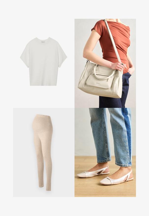 Biała koszulka z krótkim rękawem o szerokim dekolcie, wykonana z miękkiego materiału, z fakturowanym prążkowanym wzorem, charakteryzująca się luźnym krojem i minimalistycznym designem.; Beżowe legginsy ciążowe z wysokim stanem, wykonane z miękkiego, elastycznego materiału, o dopasowanym kroju i gładkiej fakturze.; Jasnoróżowe baleriny na odkrytej pięcie z wąskim noskiem, wykonane z gładkiego materiału imitującego skórę. Posiadają wycięcia po bokach oraz płaski obcas.; Biała skórzana torebka z podwójnymi uchwytami i odczepianym paskiem, z przednią kieszenią na zamek i gładką fakturą. Nioszona na ramieniu przez osobę.