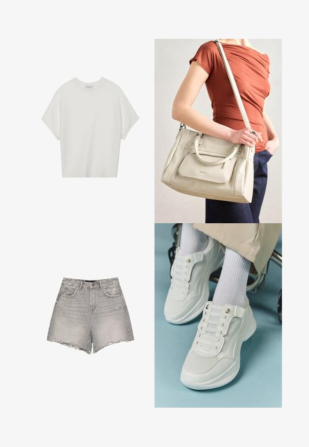 Bela majica s kratkimi rokavi in širokim ovratnikom ter teksturiranim rebrastim vzorcem, izdelana iz mehke tkanine, z udobnim krojem in čistim dizajnom.; Sive demin kratke hlače z visokim pasom, raztrganim robom, rahlim obrabljenostjo in klasičnim pet-pocket dizajnom.; Bele teniske z mrežastim materialom, gumene podplate, brez vezalk, z elastikami in zlatimi akcenti.; Bela usnjena torba z dvema ročkama in odstranljivo naramnico, ki ima sprednji žep na zadrgo in gladko teksturo. Nositi jo na osebi na roki.