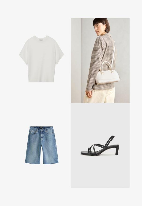 Camiseta blanca de manga corta con cuello redondo amplio y patrón acanalado texturizado, hecha de una tela suave, con un corte relajado y un diseño limpio.; Next REGULAR FIT - Shorts vaqueros - dark blue; Sandalia negra de tiras con punta cuadrada y tacón bajo de bloque. Presenta múltiples tiras delgadas y una correa ajustable en el tobillo. Fabricada en cuero suave.; Bolso estructurado blanco con asas cortas y una correa para el hombro, que presenta detalles en dorado y material texturizado, exhibido sobre un fondo gris.