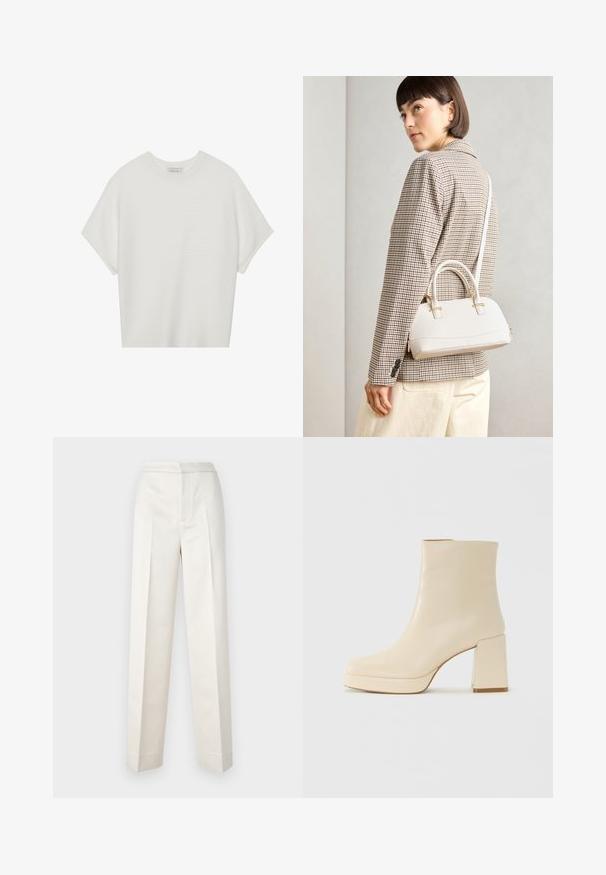 Camiseta branca de mangas curtas com um decote careca largo e um padrão texturizado canelado, feita de tecido suave, com um corte relaxado e um design limpo.; Calças creme com um corte ajustado, apresentando perna reta, tecido suave, pregas frontais e barra limpa. Design minimalista.; Bota ankle de couro bege com salto bloco e sola plataforma, acabamento suave e bico ligeiramente quadrado, virada para a esquerda em fundo branco.; Bolsa estruturada branca com alças curtas e uma alça de ombro, com detalhes em hardware dourado e material texturizado, exibida contra um fundo cinza.