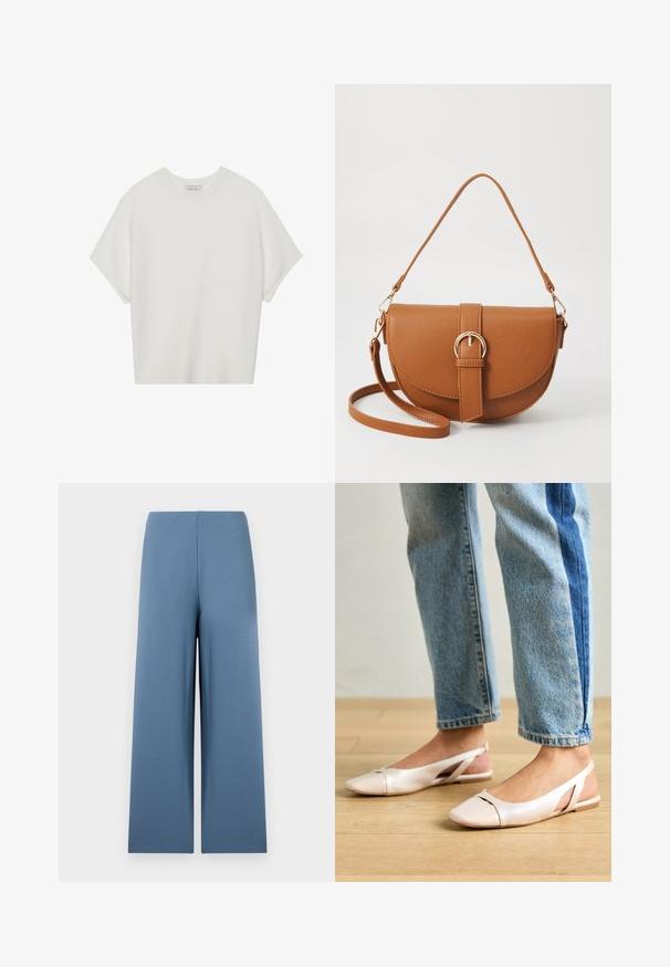 Hvit t-skjorte med korte ermer, bred rund hals og teksturert ribbet mønster, laget av myk stoff, med en avslappet passform og et enkelt design.; Bredde benbukser i mykt, blått stoff. Har en sømløs midjebånd og en jevn, glatt tekstur. Ingen synlige lukkinger eller lommer.; Lys rosa slingback leiligheter med spiss tå, laget av et glatt, læraktig materiale. Har utskjæringer på sidene og lav hæl.; Brun lærcrossbody-veske med en buet form, gullhardware og et spenneakcent. Har en avtakbar skulderreim.