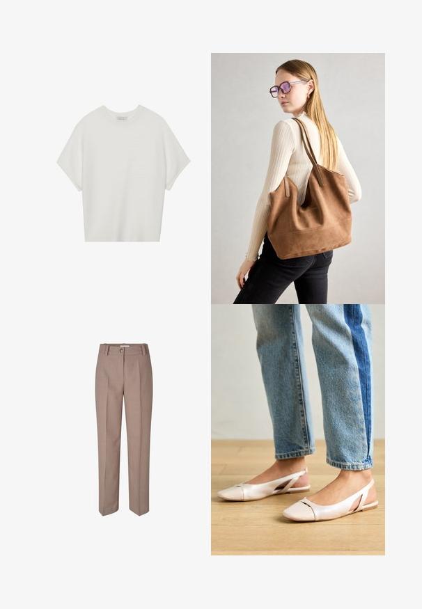 Tricou alb cu mânecă scurtă, cu guler larg și model texturat cu dungi, realizat dintr-un material moale, având o croială lejeră și un design curat.; Pantaloni bej, entiende ajustați, cu un design cu picior drept, având închidere cu buton și față pliată. Textură netedă și finisaj lustruit.; Sandalete plate de un roz pal cu vârf ascuțit, realizate dintr-un material asemănător pielii, neted. Prezintă detalii decupate pe laterale și un toc plat.; Geantă de umăr din suede maro, cu o textură moale, deschidere mare și curele lungi. Prezintă un design simplu, cu cusături vizibile și fără accesorii metalice.