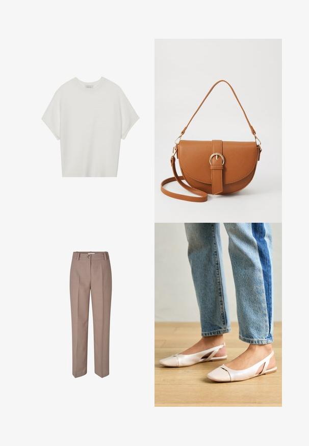 Hvit t-skjorte med korte ermer, bred rund hals og teksturert ribbet mønster, laget av myk stoff, med en avslappet passform og et enkelt design.; Beige skreddersydde bukser med rett ben-design, med knappelukking og plettet front. Glatt tekstur og polert finish.; Lys rosa slingback leiligheter med spiss tå, laget av et glatt, læraktig materiale. Har utskjæringer på sidene og lav hæl.; Brun lærcrossbody-veske med en buet form, gullhardware og et spenneakcent. Har en avtakbar skulderreim.