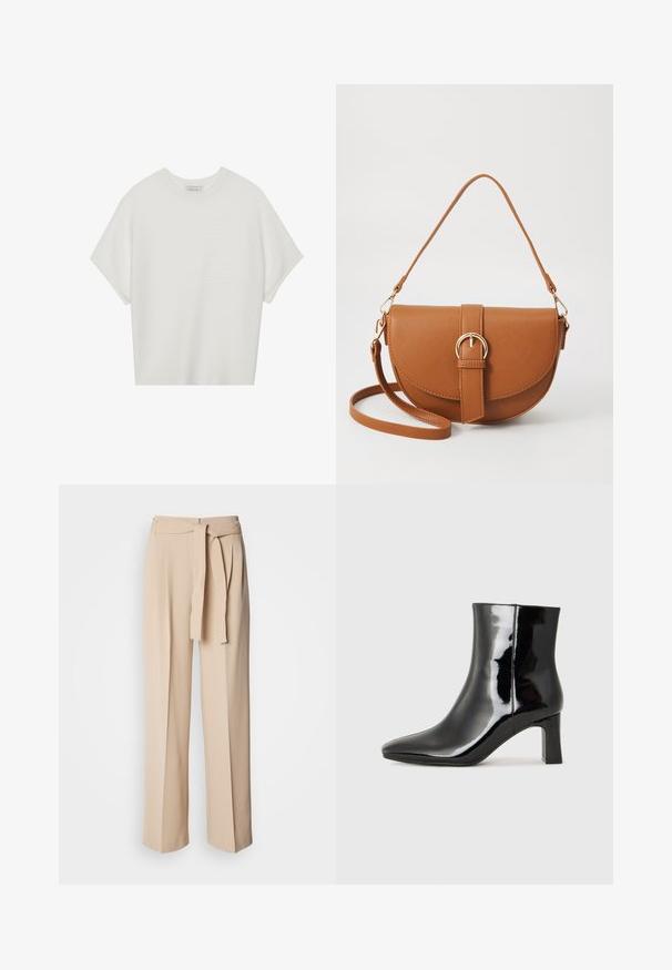 Camiseta branca de mangas curtas com um decote careca largo e um padrão texturizado canelado, feita de tecido suave, com um corte relaxado e um design limpo.; Calças bege de cintura alta com cinto atado, design de pernas largas, tecido suave e textura macia. Apresenta pregas na frente.; Botim de tornozelo em pele sintética preta com bico apontado e salto bloco de altura média. Textura suave e design minimalista.; Bolsa transversal de couro castanho com um formato curvado, ferragens douradas e um detalhe de fivela. Inclui uma alça de ombro destacável.