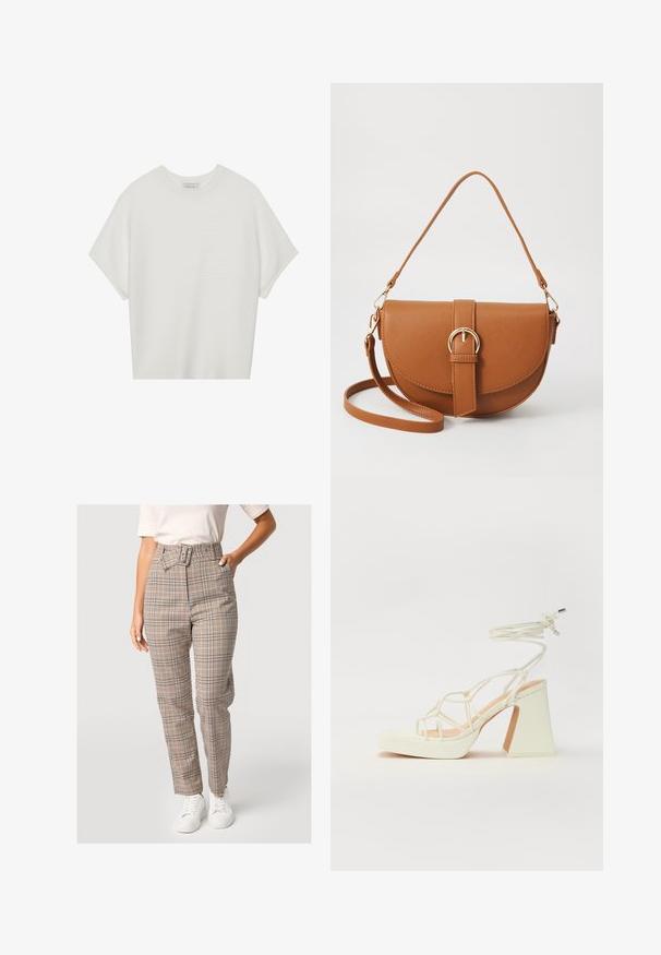 Weißes T-Shirt mit kurzen Ärmeln, weitem Rundhalsausschnitt und strukturiertem Rippenmuster, aus weichem Stoff, mit legerer Passform und einem klaren Design.; Hoch taillierte Karohosen in Beige mit blauen und orangenen Akzenten, ausgestattet mit einem Gürtel-Detail, geradem Bein-Design und glatter Stoffstruktur.; Weiße High-Heel-Sandale mit einem klobigen Absatz, die über ein Riemchendesign und ein Knöchelband verfügt. Glatte Textur mit einer Plattform vorne für zusätzliche Höhe.; Braune Leder-Crossbody-Tasche mit geschwungener Form, goldfarbenen Beschlägen und einer Schnallenakzentuierung. Verfügt über einen abnehmbaren Schultergurt.