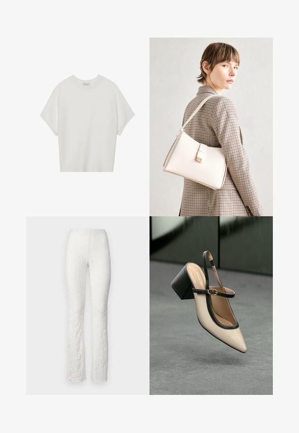 Vit kortärmad t-shirt med bred rund halsringning och texturerad ribbad mönster, tillverkad av mjukt material, med avslappnad passform och en ren design.; Vita texturerade byxor med ett blommönster, utsvängd design och elastisk midja för komfort. Slät tygfinish.; Beige spetstoppad slingback-sko med svart kant, guldspänne och en kraftig blockklack på grått golv med mörkgrön bakgrund.; Vit läderhandväska med en strukturerad design, med en magnetknäppning och en axelrem, visad mot en neutral bakgrund.