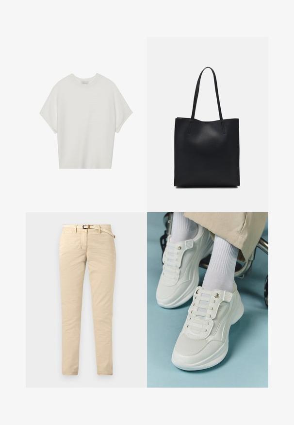 T-shirt bianca a maniche corte con scollo rotondo ampio e texture a coste, realizzata in tessuto morbido, caratterizzata da una vestibilità rilassata e un design pulito.; Chinos beige in cotone con una texture liscia, dotati di una cintura intrecciata e tasche standard. Vestibilità slim con gambe dritte.; Sneaker bianchi realizzati in materiale a rete, suola in gomma, design senza lacci con bande elastiche e dettagli in tonalità oro.; Borsa tote in pelle nera con texture liscia, forma rettangolare e due manici lunghi. Nessun hardware o decorazione visibile.