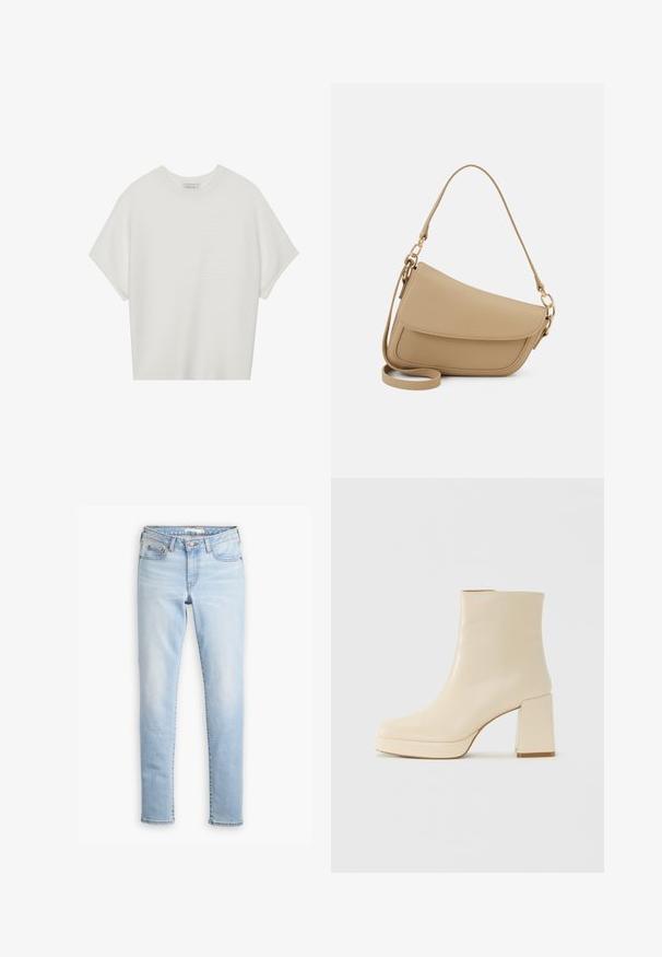 Camiseta branca de mangas curtas com um decote careca largo e um padrão texturizado canelado, feita de tecido suave, com um corte relaxado e um design limpo.; Calças de ganga azul claro com corte slim, cintura média, desenho de cinco bolsos e desbotamento subtil ao longo das pernas. Fecho clássico com botão e zipper.; Bota ankle de couro bege com salto bloco e sola plataforma, acabamento suave e bico ligeiramente quadrado, virada para a esquerda em fundo branco.; Even&Odd Mala de mão - beige