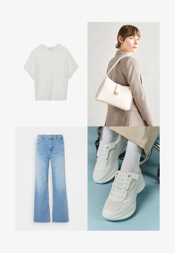 Bijela majica kratkih rukava s širokim okruglim izrezom i teksturiranim rebrastim uzorkom, izrađena od mekog materijala, s opuštenim krojem i čistim dizajnom.; Svijetloplave široke traperice izrađene od denima imaju prednje kopčanje na dugme, dizajn s pet džepova i suptilno izbljeđivanje za dodatnu teksturu.; Bijele tenisice s mrežastim materijalom, gumeni potplat, dizajn bez vezica s elastičnim trakama i zlatnim detaljima.; Bijela kožna torba s čvrstim dizajnom, s magnetskim kopčanjem i remenom za rame, prikazana na neutralnoj pozadini.