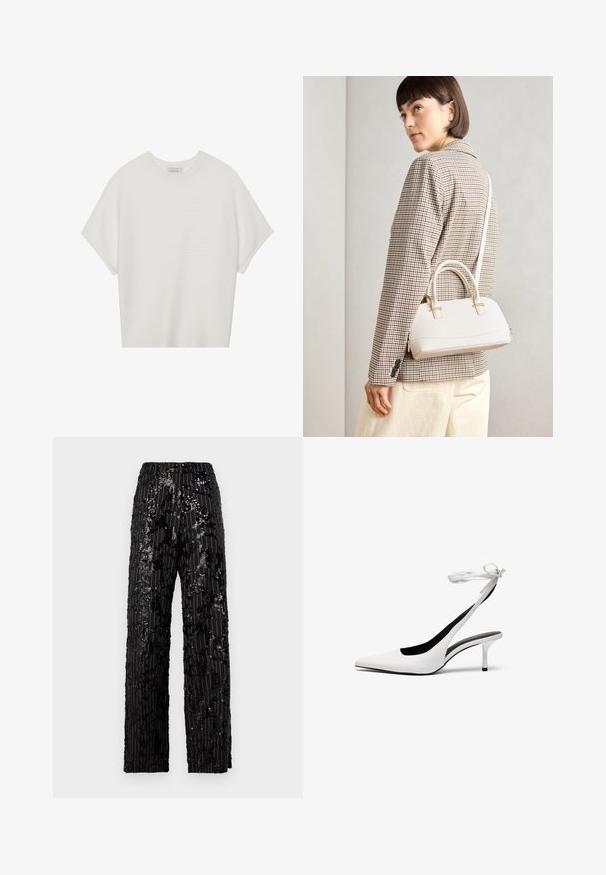 Bela majica s kratkimi rokavi in širokim ovratnikom ter teksturiranim rebrastim vzorcem, izdelana iz mehke tkanine, z udobnim krojem in čistim dizajnom.; Črne široke hlače s črno-svetlečimi bleščicami, ki imajo teksturirano površino, z navpičnimi črtami in sproščenim krojem, kar daje sijajen videz.; Bele stiletto sandale z odprtim nosom in tankim zapenjanjem okoli gležnja. Gladek usnjen material, tanki stiletto pete in črna notranja podloga.; Bela strukturirana torba z kratkimi ročaji in naramnim trakom, z zlatimi okrasnimi elementi in teksturiranim materialom, prikazana na sivi podlagi.