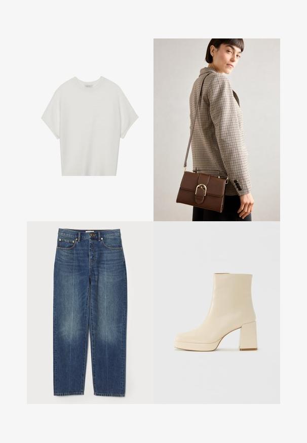 Fehér, rövid ujjú póló széles kerek nyakkivágással és textúrázott, bordás mintával, puha anyagból készült, laza fazonú és letisztult dizájnú.; Kék, magas derékú, egyenes szárú farmernadrág, elöl és hátul zsebekkel, övhurkokkal, gombos záródással és finom, kopottas részletekkel a szárakon.; Beige bőr bokacsizma bársonyos felülettel, tömbsarokkal és platform talppal, enyhén szögletes orral, balra nézve, fehér háttér előtt.; Barna bőr keresztpántos táska arany színű csattal, téglalap alakú, sima felületű és levehető pánttal.