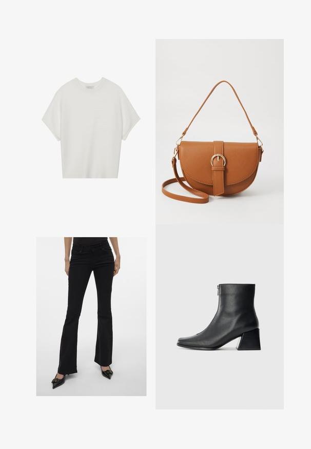 Hvit t-skjorte med korte ermer, bred rund hals og teksturert ribbet mønster, laget av myk stoff, med en avslappet passform og et enkelt design.; Sorte flagrende jeans med en slank passform, fem lommer og diskret søm. Laget av denim, med midjehøyde.; Sorte skinnankelsko med firkantet tå, glidelås på siden og blokkhæl mot en vanlig lys bakgrunn.; Brun lærcrossbody-veske med en buet form, gullhardware og et spenneakcent. Har en avtakbar skulderreim.