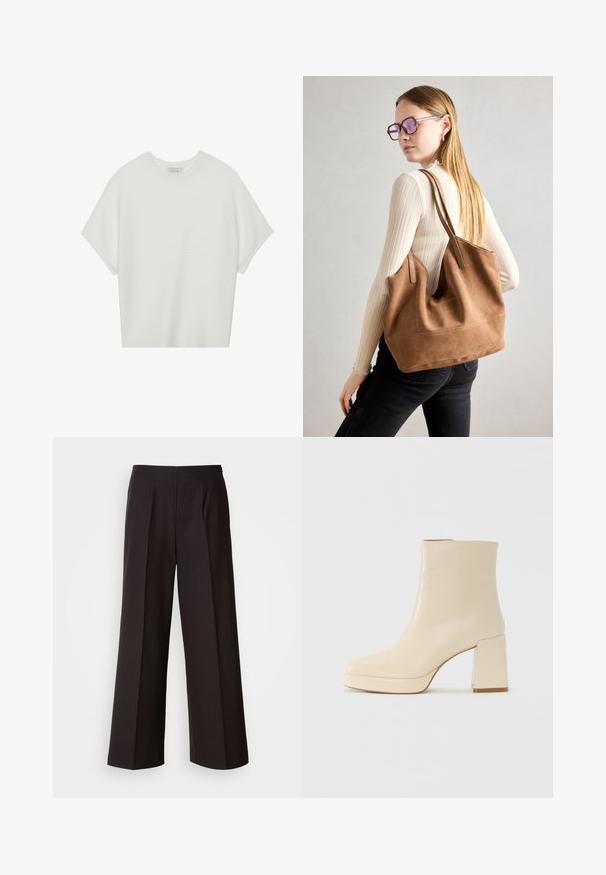 Bela majica s kratkimi rokavi in širokim ovratnikom ter teksturiranim rebrastim vzorcem, izdelana iz mehke tkanine, z udobnim krojem in čistim dizajnom.; Črne široke hlače s ravnim sprednjim delom, pliseji in gladko teksturo tkanine. Imajo visok pas in skrbno krojen silhueto za strukturiran videz.; Bež usnjena gležnjarica z blok peto in platformo, gladka površina in rahlo kvadratni prst, obrnjena levo na belem ozadju.; Rjava semišna torba z mehko teksturo, velikim odprtjem in dolgimi ročaji. Ima preprost dizajn z vidnim šivanjem in brez okovja.