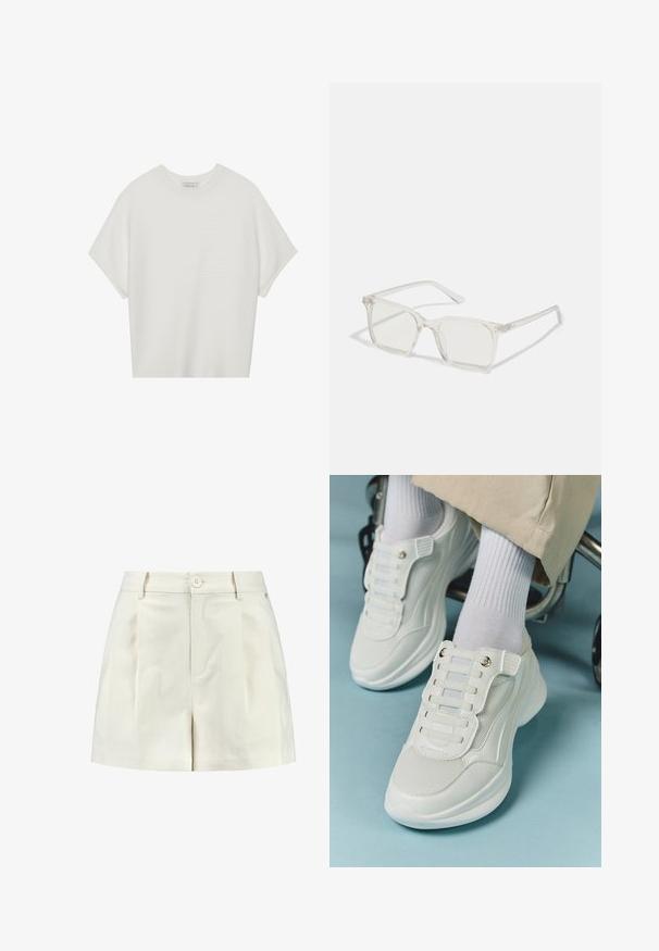 White short-sleeve t-shirt with a wide crew neck and textured ribbed pattern, made of soft fabric, featuring a relaxed fit and a clean design.; White shorts made from a textured fabric, featuring a flat front, two side pockets, and a single button closure at the waist.; White sneakers featuring a mesh material, rubber sole, lace-free design with elastic bands, and gold-toned accents.; Clear plastic square-frame glasses with translucent lenses, featuring gold accents on the temples for added detail.