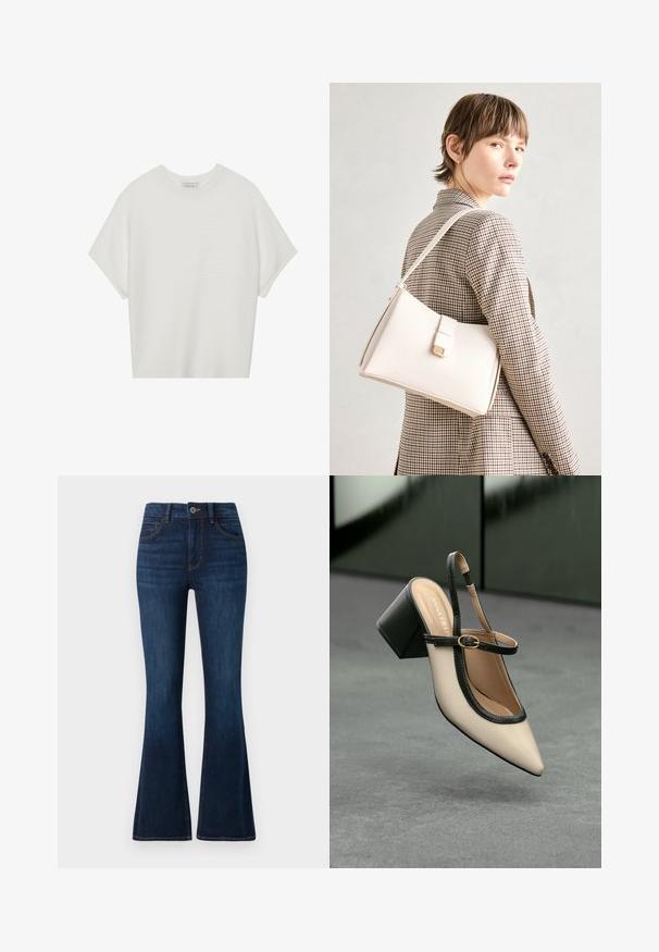 Balta īsā piedurknē T-krekls ar plašu apļa kaklu un teksturētu ribu rakstu, izgatavots no mīksta auduma, ar brīvu piegriezumu un tīru dizainu.; TOM TAILOR STELLA tumši zils džinss; Beige smailā purngalā siksnu kurpe ar melnu akcentu, zelta sprādzi un masīvu bloku papēdi uz pelēka grīdas ar tumši zaļu fonu.; Balta ādas rokassoma ar strukturētu dizainu, kurai ir magnētiska aizdare un plecu josta, parādīta uz neitrāla fona.