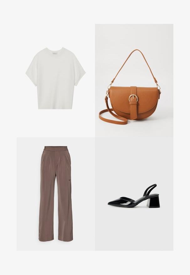 White short-sleeve t-shirt with a wide crew neck and textured ribbed pattern, made of soft fabric, featuring a relaxed fit and a clean design.; Nike Performance BLISS TROUSER - Trousers - ironstone clear; Black patent leather slingback heels with a pointed toe and a geometric block heel. Features a sleek, minimal design and smooth texture.; Brown leather crossbody bag with a curved shape, gold hardware, and a buckle accent. Features a detachable shoulder strap.