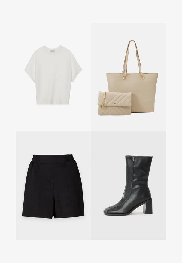 Balta īsā piedurknē T-krekls ar plašu apļa kaklu un teksturētu ribu rakstu, izgatavots no mīksta auduma, ar brīvu piegriezumu un tīru dizainu.; Melni šorti ar struktūruotu audumu, elastīgu jostasvietu un taisnu piegriezumu. Raksturīga vienkārša dizaina estētika, bez papildu akcentiem vai rakstiem.; Melna ādas potīšu zābaki ar kvadrātveida purngalu, sānu rāvējslēdzēju un masīlu kvadrātveida papēdi. Sastāvdaļas ar kontrastkrāsas dūrienu gar priekšējo šuvi.; Bēša tote soma ar plakaniem rokturiem, gludu tekstūru un zelta furnitūru, kopā ar saskaņotu izšūtu maciņu ar ķēdes siksnu.