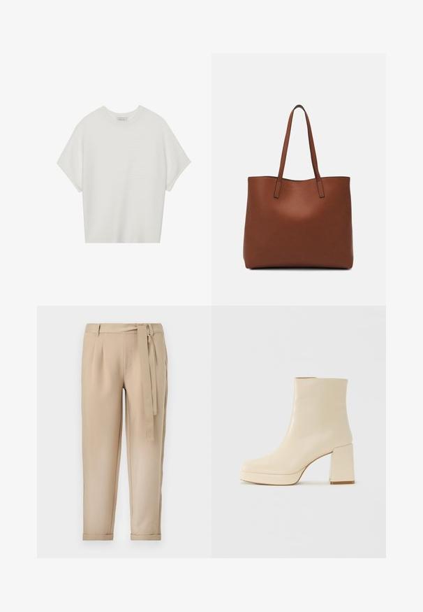 Hvit t-skjorte med korte ermer, bred rund hals og teksturert ribbet mønster, laget av myk stoff, med en avslappet passform og et enkelt design.; Beige bukser med en tætsiddende talje, folder og et matchende bælte. Taperede ben med omslag i kanten, lavet af et glat materiale.; Beige lærankelstøvlett med blokkhæl og plattformsåle, glatt overflate og lett firkantet tå, vendt mot venstre på hvit bakgrunn.; Brun lær tote veske med en jevn tekstur, åpen toppdesign og to skulderstropper. Har minimal søm og ingen synlige spiker.