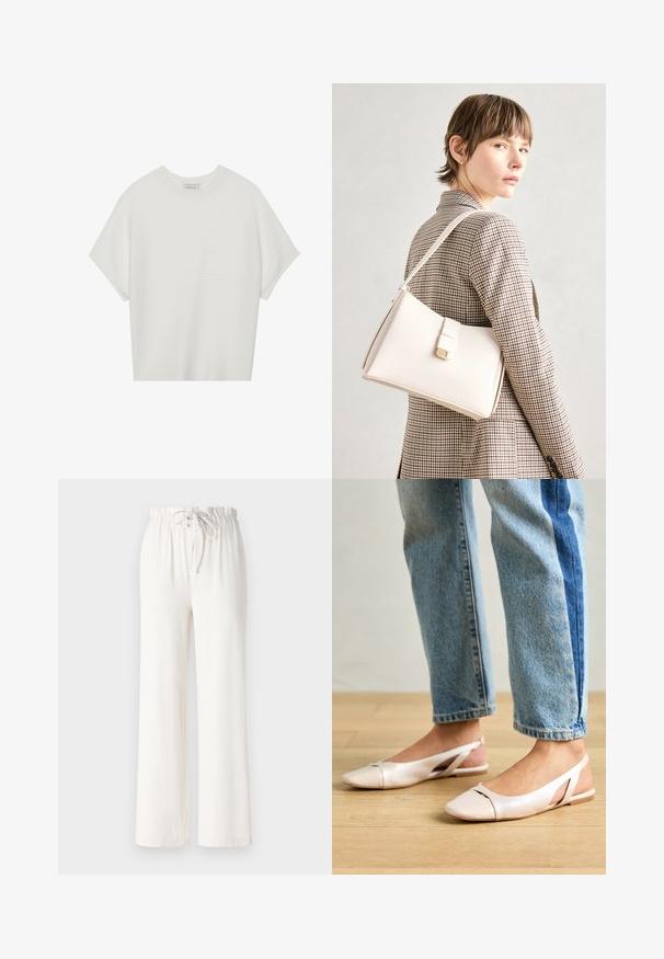 Fehér, rövid ujjú póló széles kerek nyakkivágással és textúrázott, bordás mintával, puha anyagból készült, laza fazonú és letisztult dizájnú.; Fehér, bőszárú nadrág, puha anyagból készült, húzózsinóros derékkal és sima felülettel. Nincsenek rajta minták vagy díszítések.; Világos rózsaszín slingback laposlábú cipők, hegyes orral, sima bőrhatású anyagból készült. Oldalt kivágott részletek találhatók rajta, valamint lapos sarkú.; Fehér bőr táska strukturált dizájnnal, mágneses záródással és vállpánttal, semleges háttér előtt bemutatva.