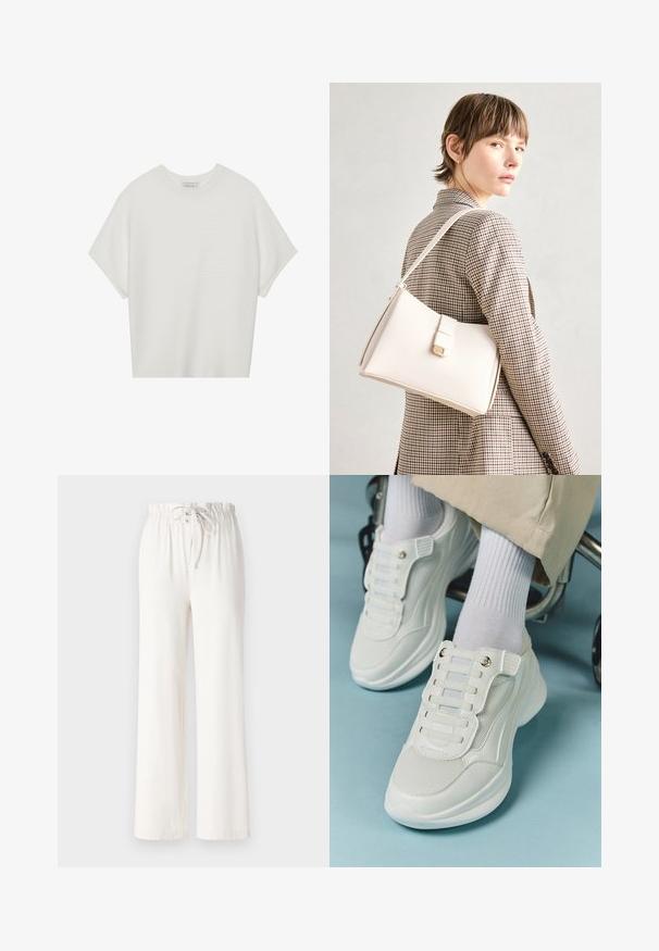 Vit kortärmad t-shirt med bred rund halsringning och texturerad ribbad mönster, tillverkad av mjukt material, med avslappnad passform och en ren design.; Vita vida byxor i mjukt tyg, med resår och snörning i midjan samt en slät yta. Inga mönster eller dekorationer synliga.; Vita sneakers med nätmaterial, gummisula, snörningsfri design med elastiska band och guldfärgade detaljer.; Vit läderhandväska med en strukturerad design, med en magnetknäppning och en axelrem, visad mot en neutral bakgrund.