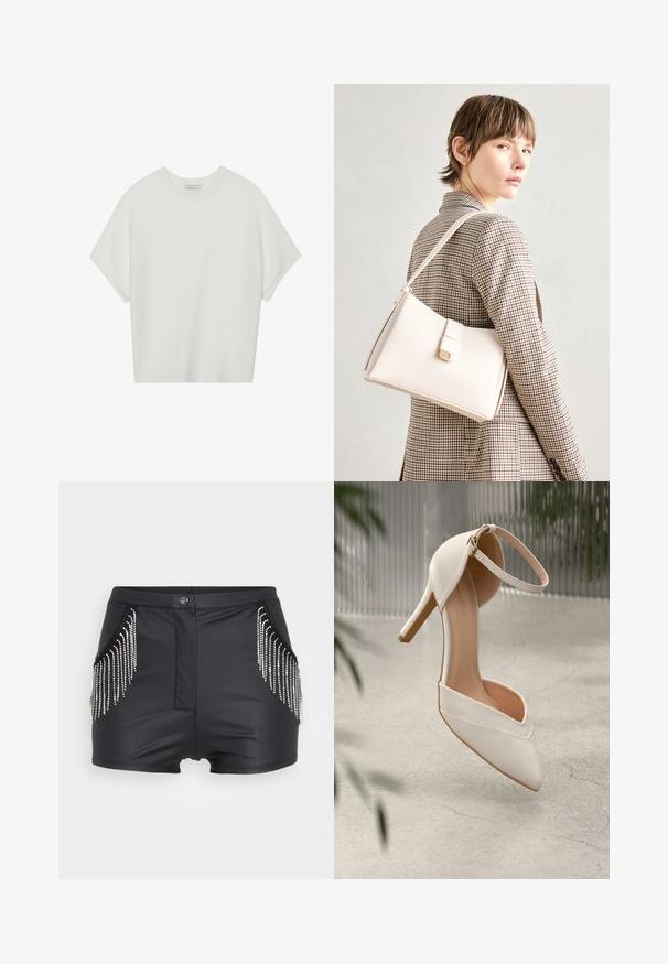 T-shirt blanc à manches courtes avec un large col rond et un motif côtelé texturé, fabriqué en tissu doux, présentant une coupe décontractée et un design épuré.; Shorts en simili cuir noir avec des accents de franges en strass scintillants sur les poches, dotés d'une fermeture à bouton à l'avant et d'un design structuré.; Chaussure à talons hauts blanche en matériau lisse, avec un bout pointu et une sangle autour de la cheville. Présente un intérieur beige clair et des accents en matériel doré.; Sac à main en cuir blanc au design structuré, doté d'un fermoir magnétique et d'une bandoulière, présenté sur un fond neutre.