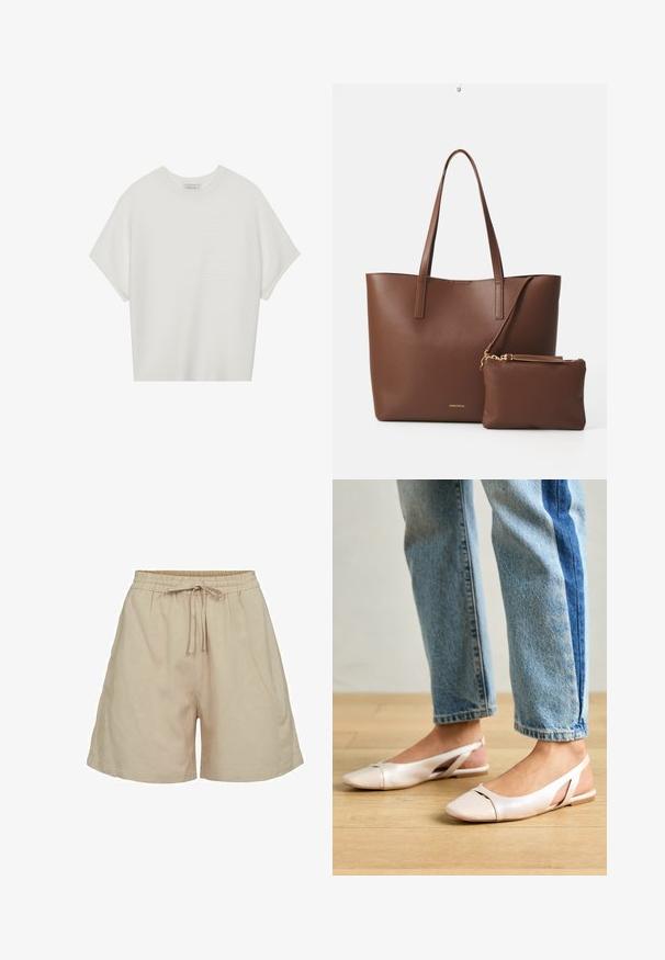 T-shirt bianca a maniche corte con scollo rotondo ampio e texture a coste, realizzata in tessuto morbido, caratterizzata da una vestibilità rilassata e un design pulito.; Pantaloni corti beige in tessuto leggero con vita elasticizzata e lacci. Presentano una vestibilità comoda e tasche laterali. Texture liscia.; Ballerine slingback rosa pallido con punta affusolata, realizzate in un materiale simile alla pelle liscio. Presentano dettagli a taglio sui lati e un tacco piatto.; Borsa a tote in finta pelle marrone con due manici lunghi e una piccola pochette coordinata. La superficie presenta un motivo testurizzato e dettagli in metallo dorato.