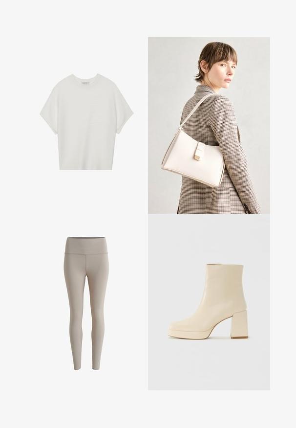 Bela majica s kratkimi rokavi in širokim ovratnikom ter teksturiranim rebrastim vzorcem, izdelana iz mehke tkanine, z udobnim krojem in čistim dizajnom.; Bež leggins s raztegljivim materialom, ki imajo visok pas in gladko teksturo, brez vidnih vzorcev ali dodatkov.; Bež usnjena gležnjarica z blok peto in platformo, gladka površina in rahlo kvadratni prst, obrnjena levo na belem ozadju.; Bela usnjena torba s strukturirano zasnovo, opremljena z magnetnim zapiranjem in naramnico, prikazana na nevtralni ozadju.