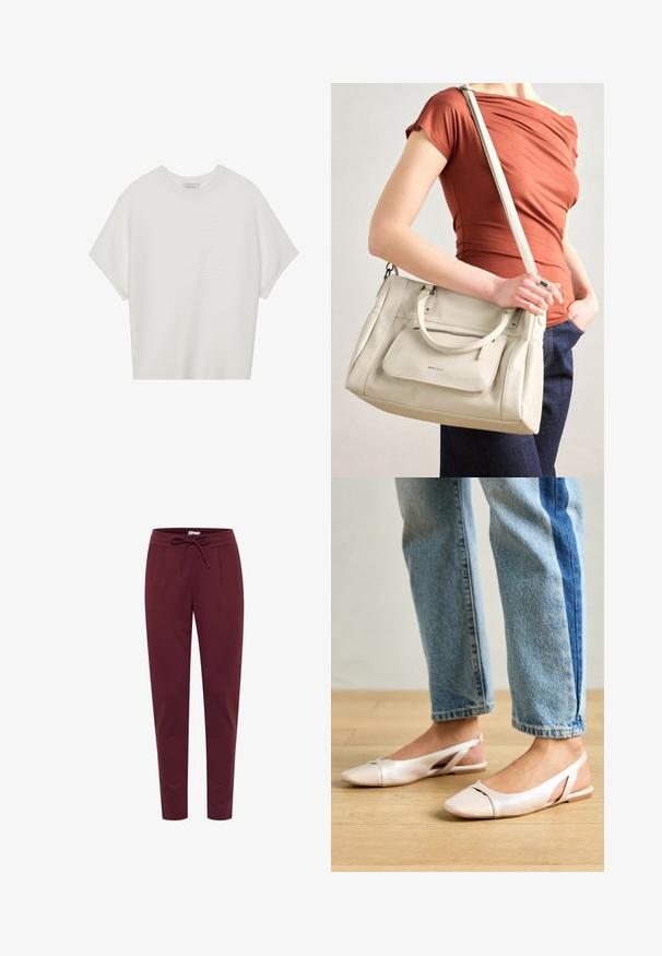 White short-sleeve t-shirt with a wide crew neck and textured ribbed pattern, made of soft fabric, featuring a relaxed fit and a clean design.; Burgundy pants made of soft, stretch fabric, featuring a drawstring waistband, front pleats, and tapered legs. Smooth texture throughout.; Pale pink slingback flats with a pointed toe, made from a smooth leather-like material. Features cut-out details at the sides and a flat heel.; White leather handbag with dual handles and a detachable strap, featuring a front zip pocket and smooth texture. Carrying on a person's arm.