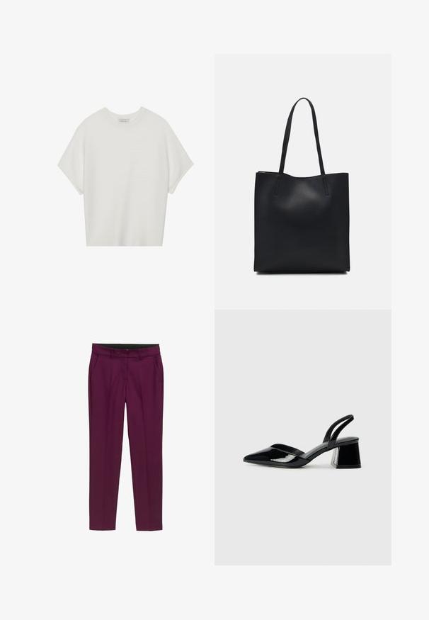 Bela majica s kratkimi rokavi in širokim ovratnikom ter teksturiranim rebrastim vzorcem, izdelana iz mehke tkanine, z udobnim krojem in čistim dizajnom.; TOM TAILOR MIA SLIM - Hlače chino - blackberry; Črne lakirane slingback pete s koničastim nosom in geometrijsko blokasto peto. Imajo eleganten, minimalističen dizajn in gladko teksturo.; Črna usnjena torba s svilnato teksturo, pravokotne oblike in dvema dolgima ročajema. Brez vidnih metalnih delov ali okrasnih elementov.