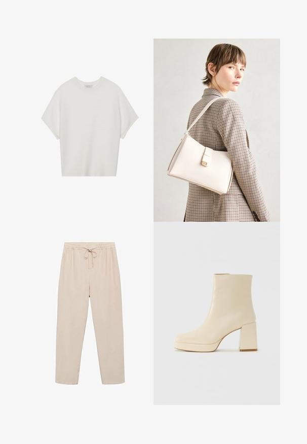 Biela tričko s krátkym rukávom a širokým okrúhlym výstrihom, s textúrovaným rebrovaným vzorom, vyrobené z mäkkej látky, s uvoľneným strihom a čistým dizajnom.; Béžové, ľahké nohavice s elastickým pásom, nastaviteľným šnúrkovým zapínaním a bočnými vreckami. Vyrobené z hladkého, jemného materiálu.; Béžová kožená členková obuv s blokovým podpätkom a platformou, hladký povrch a mierne štvorcová špička, orientovaná doľava na bielom pozadí.; Biely kožený kabelka so štruktúrovaným dizajnom, s magnetickým uzáverom a ramenným popruhom, vystavená na neutrálnom pozadí.