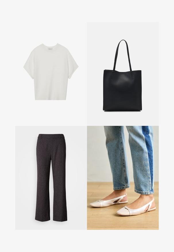 Vit kortärmad t-shirt med bred rund halsringning och texturerad ribbad mönster, tillverkad av mjukt material, med avslappnad passform och en ren design.; Mos Mosh SVALA - Tygbyxor - black; Ljust rosa slingback-lägenheter med spetsig tå, tillverkade av ett slätt läderliknande material. Har utskurna detaljer på sidorna och en platt häl.; Svart lädertoffelväska med slät textur, rektangulär form och två långa handtag. Ingen synlig hårdvara eller dekorationer.