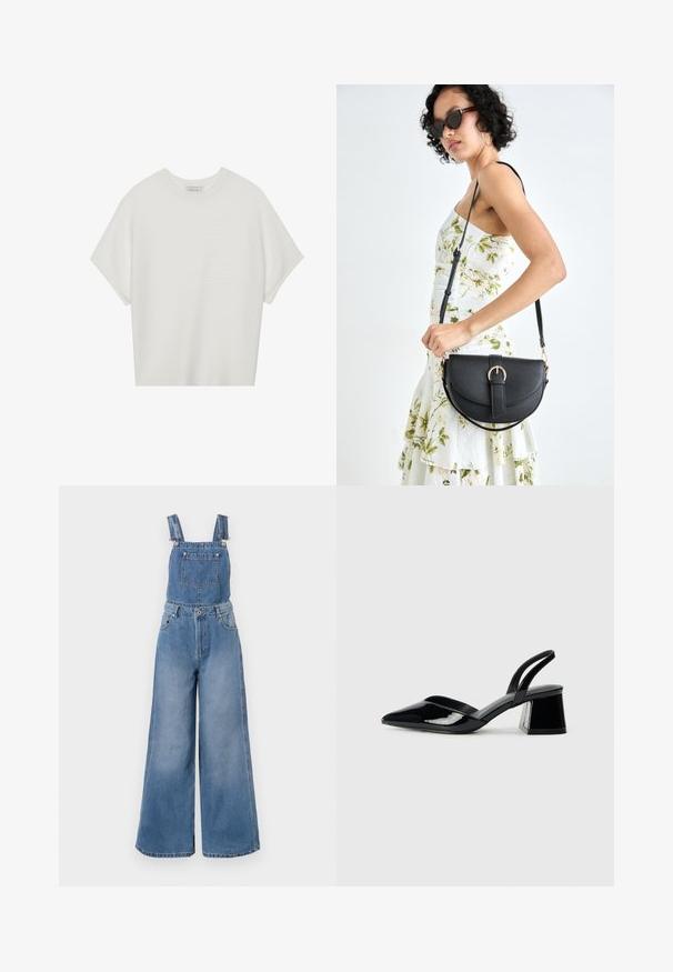 Fehér, rövid ujjú póló széles kerek nyakkivágással és textúrázott, bordás mintával, puha anyagból készült, laza fazonú és letisztult dizájnú.; Világoskék farmer overall, széles lábakkal, állítható pántokkal, elülső zsebbel és ezüst színű fémrészletekkel. A szövet finom textúrát mutat.; Fekete lakk bőr szandálkés magas sarkú cipő, hegyes orral és geometrikus tömbsarkakkal. Karcsú, minimalista dizájn és sima textúra jellemzi.; Fekete bőrtáska ívelt formával, levehető pánttal és arany színű fémrészekkel. A táskán egy csattal díszített fedél található.