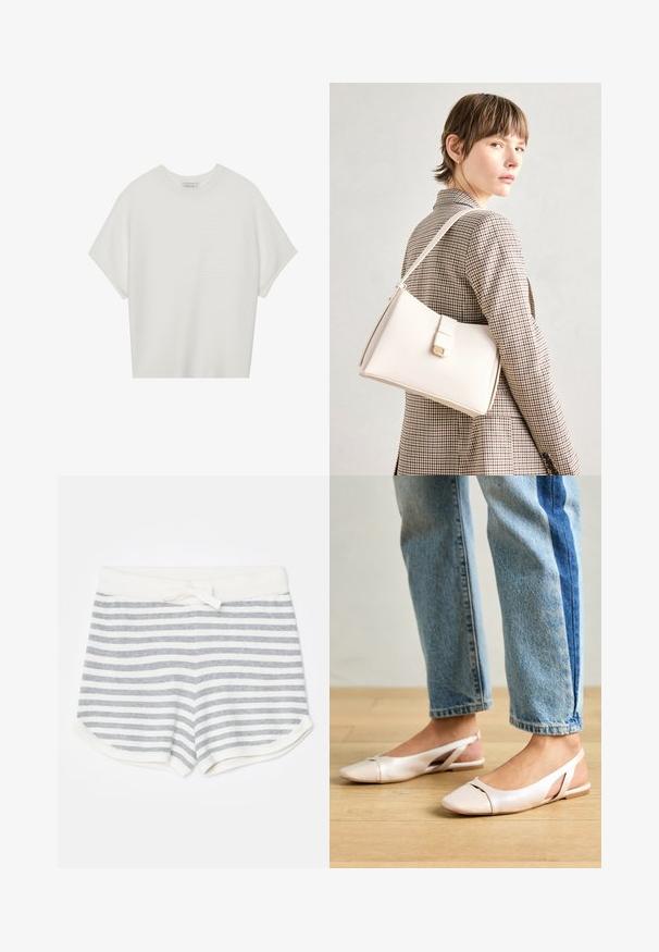 Camiseta branca de mangas curtas com um decote careca largo e um padrão texturizado canelado, feita de tecido suave, com um corte relaxado e um design limpo.; KNITID STRIPE - Calções - gray; Sapatilhas slingback de cor rosa pálido com bico fino, feitas de um material semelhante a couro liso. Apresentam detalhes recortados nas laterais e um salto plano.; Bolsa de mão em couro branco com um design estruturado, apresentando um fecho magnético e uma alça de ombro, exibida sobre um fundo neutro.