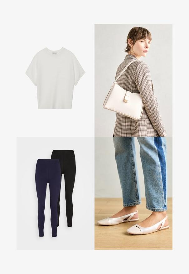 Witte T-shirt met korte mouwen, een brede ronde hals en een gestructureerd ribpatroon, gemaakt van zachte stof. Het shirt heeft een ontspannen pasvorm en een strakke uitstraling.; Twee paren aangesloten leggings: één in marineblauw, één in zwart. Gemaakt van glad, stretchy materiaal zonder zichtbare patronen of hardware.; Zachtroze slingback ballerina's met een spitse neus, gemaakt van een glad leerachtig materiaal. Bevat uitsnijdingen aan de zijkanten en heeft een platte hak.; Witte leren handtas met een gestructureerd ontwerp, voorzien van een magneetsluiting en een schouderriem, tentoongesteld tegen een neutrale achtergrond.