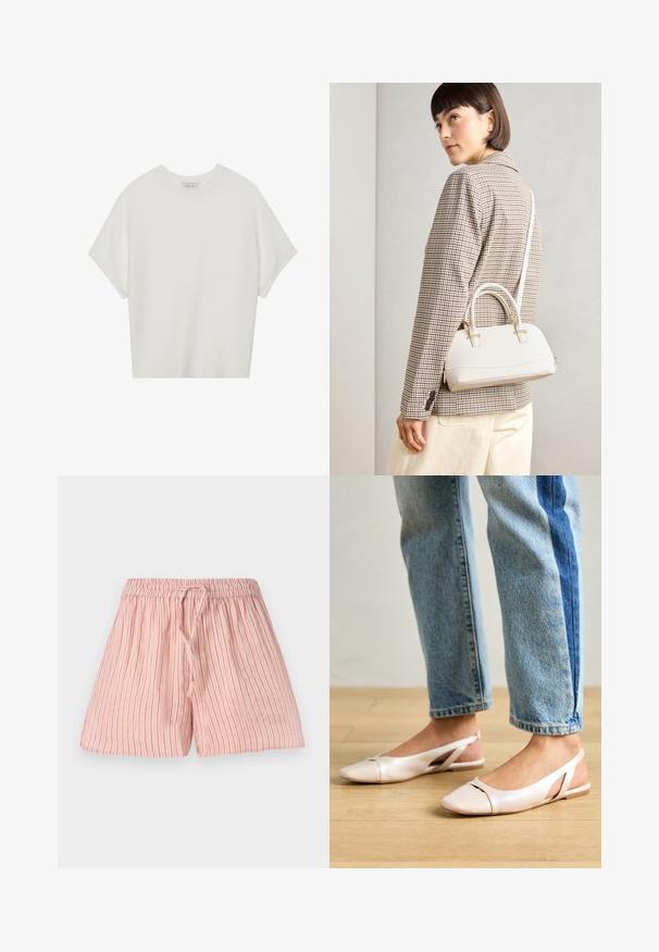 Balta trumpa rankovėmis marškinėliai su plačiu apykakle ir tekstūruotu gumbelių raštu, pagaminti iš minkštos medžiagos, pasižymintys laisvu siluetu ir tvarkingu dizainu.; Šviesiai rožinės šortai su vertikaliomis raudonomis juostelėmis, pagaminti iš minkštos medžiagos. Yra elastinga juosmens juosta su virvelei, skirta reguliavimui.; Šviesiai rožiniai slingback baleto bateliai su smailiu pirštu, pagaminti iš lygios odai panašios medžiagos. Yra išpjovimų detalės šonuose ir plokščias kulnas.; Balta struktūruota rankinė su trumpomis rankenomis ir peties diržu, su auksinėmis detalėmis ir tekstūruota medžiaga, pastatyta prieš pilką foną.